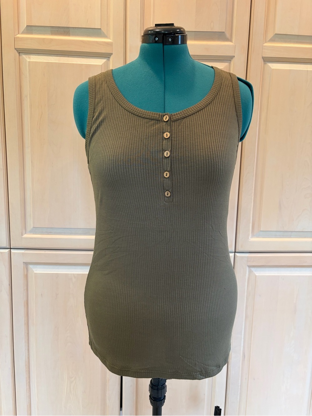 Pink Lily Olive Ribbed Henley Tank with Buttons